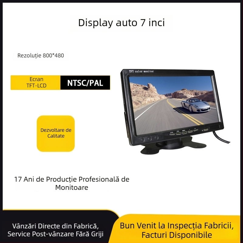 Display LCD pentru mașină, 7 inch, cu 2 intrări AV, TFT-LCD, Modelul 701, pentru vedere spate, imagine HD