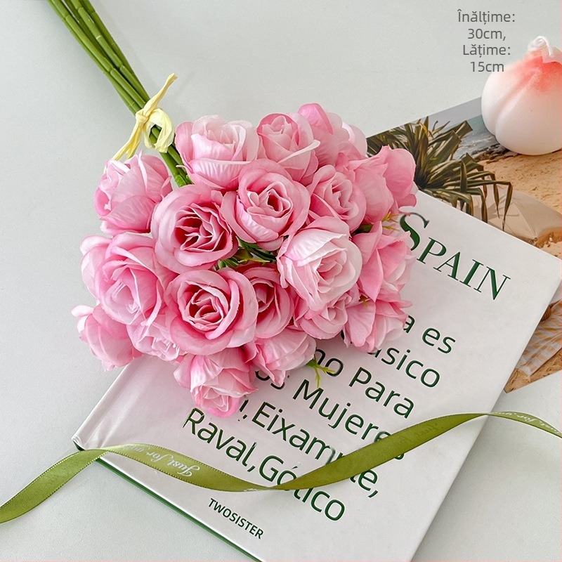 Buchet artificial cu 27 flori, trandafiri roz mici, legat manual, decor pentru masă și recuzită pentru fotografie