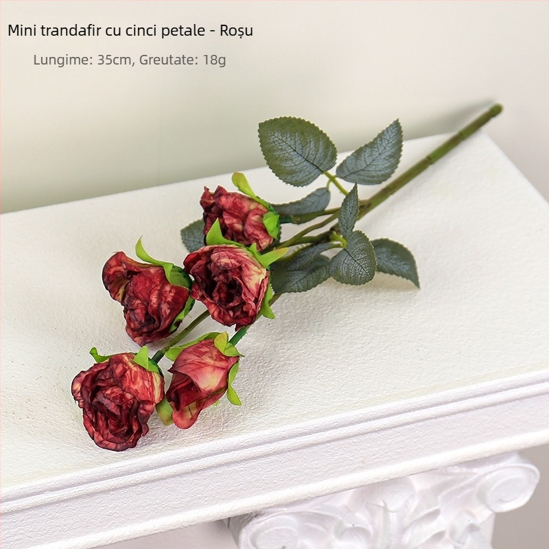 Buchet vintage de cinci trandafiri artificiali cu margini arse – flori artificiale pentru Ziua Îndrăgostiților, recuzită pentru fotografii și decor pentru living