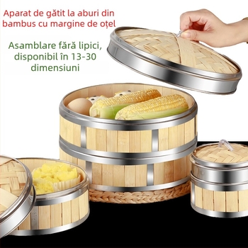 Aburitor din bambus pentru dim sum, cu margine din oțel inox, tavă de abur pentru restaurant cantonez