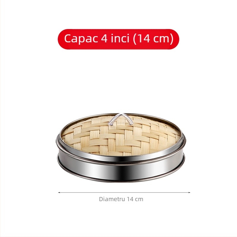 Aburitor din bambus pentru dim sum, cu margine din oțel inox, tavă de abur pentru restaurant cantonez
