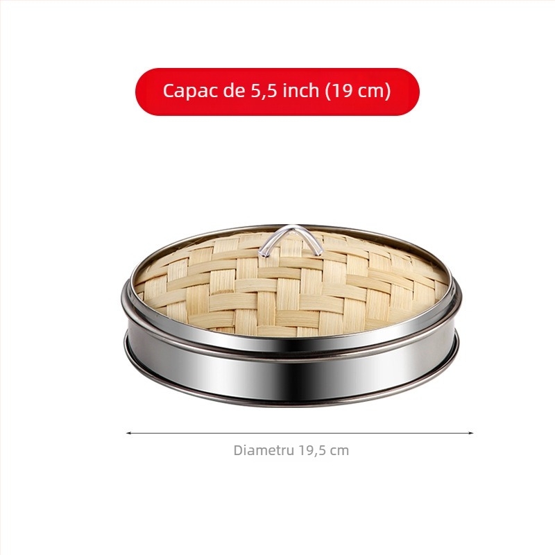 Aburitor din bambus pentru dim sum, cu margine din oțel inox, tavă de abur pentru restaurant cantonez