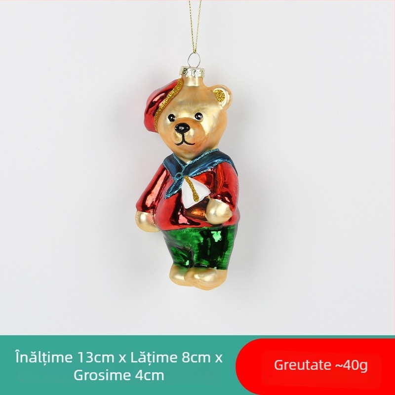 Ornament de Crăciun din sticlă pictată – Moș Crăciun / om de zăpadă, cu șosetă de Crăciun și pandantiv ursuleț pentru decorul bradului