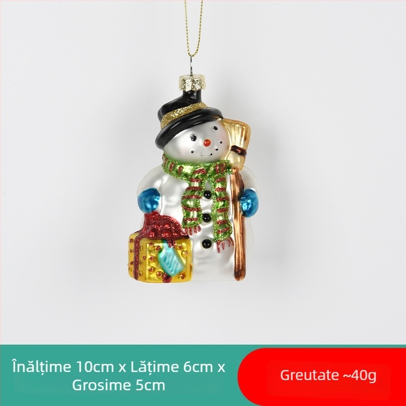 Ornament de Crăciun din sticlă pictată – Moș Crăciun / om de zăpadă, cu șosetă de Crăciun și pandantiv ursuleț pentru decorul bradului
