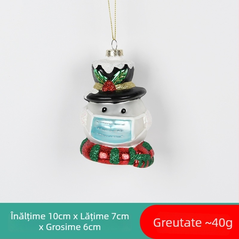 Ornament de Crăciun din sticlă pictată – Moș Crăciun / om de zăpadă, cu șosetă de Crăciun și pandantiv ursuleț pentru decorul bradului