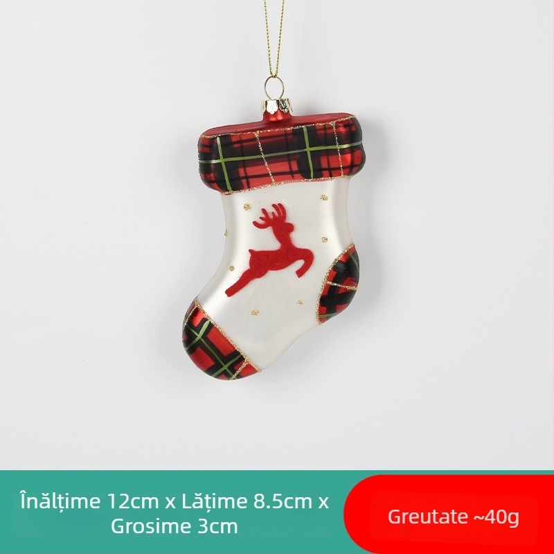 Ornament de Crăciun din sticlă pictată – Moș Crăciun / om de zăpadă, cu șosetă de Crăciun și pandantiv ursuleț pentru decorul bradului