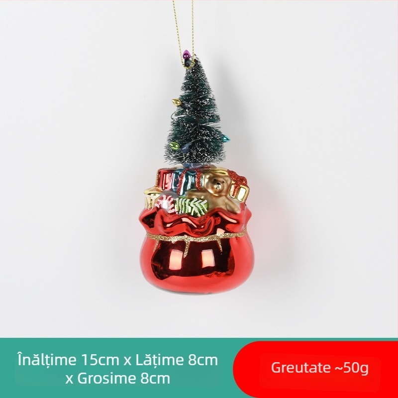Ornament de Crăciun din sticlă pictată – Moș Crăciun / om de zăpadă, cu șosetă de Crăciun și pandantiv ursuleț pentru decorul bradului