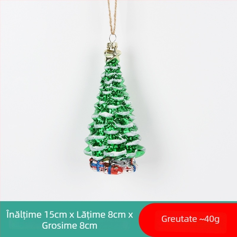 Ornament de Crăciun din sticlă pictată – Moș Crăciun / om de zăpadă, cu șosetă de Crăciun și pandantiv ursuleț pentru decorul bradului