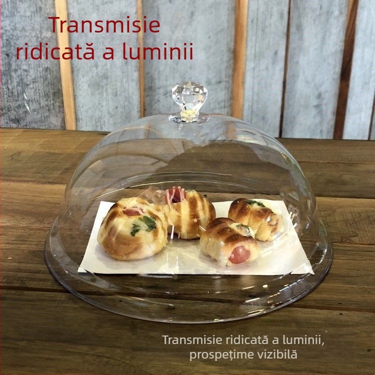 Capac circular din acril, transparent, cu capac din plastic, pentru bufet și farfurii cu fructe; protejează de praf și menține prospețimea.