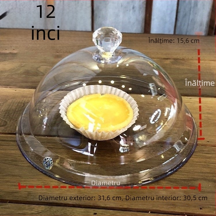 Capac circular din acril, transparent, cu capac din plastic, pentru bufet și farfurii cu fructe; protejează de praf și menține prospețimea.