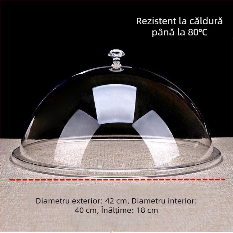Capac circular din acril, transparent, cu capac din plastic, pentru bufet și farfurii cu fructe; protejează de praf și menține prospețimea.