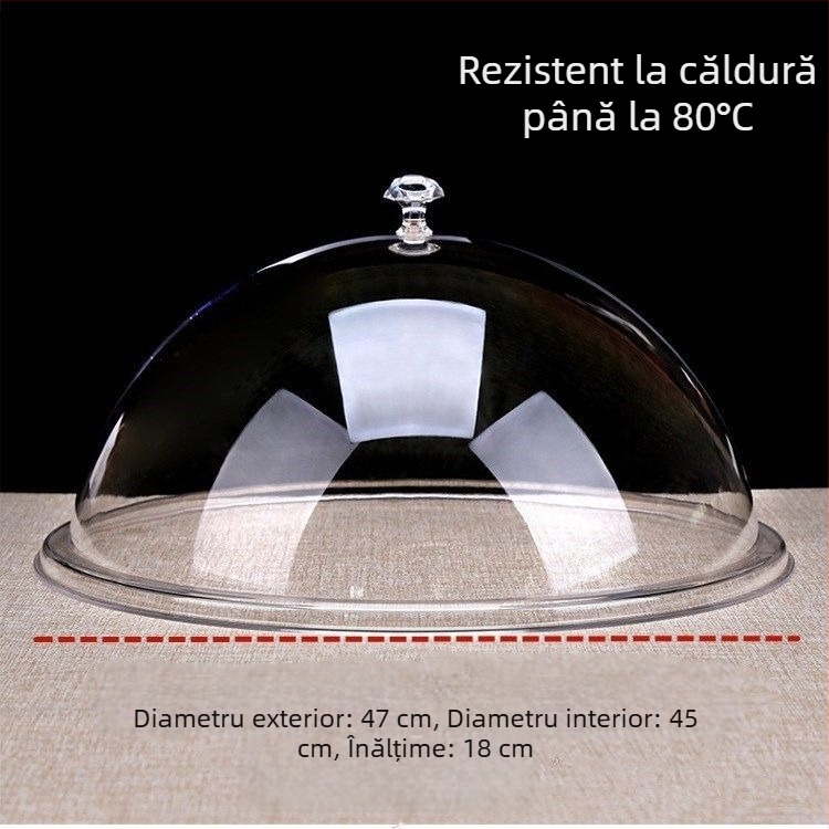 Capac circular din acril, transparent, cu capac din plastic, pentru bufet și farfurii cu fructe; protejează de praf și menține prospețimea.