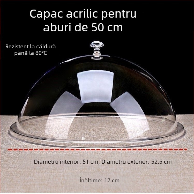 Capac circular din acril, transparent, cu capac din plastic, pentru bufet și farfurii cu fructe; protejează de praf și menține prospețimea.