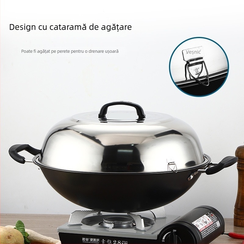Capac de wok din oțel inoxidabil, arc înalt, design tradițional rotund pentru prăjit