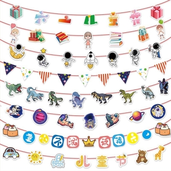 Set de 61 stegulețe decorative cu teme astronaut și dinozaur pentru decorul sălii de clasă de Ziua Copilului