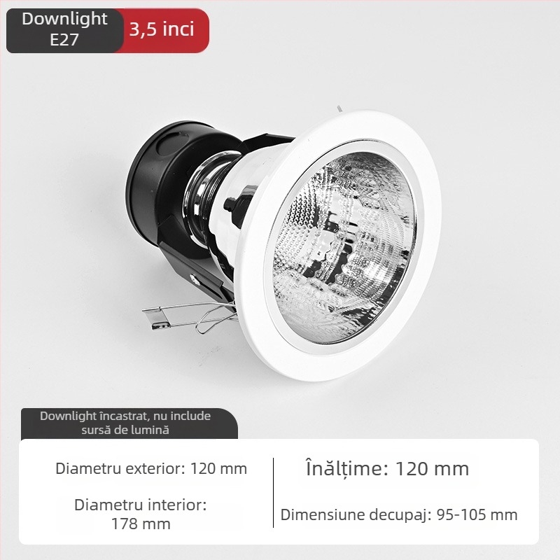 Downlight LED încastrat de 6 inch, bază E27, carcasă din aluminiu, lumină albă 6000K, 11-15W, plafon spot