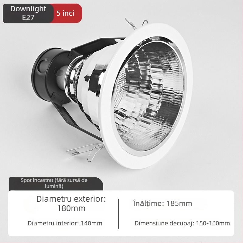 Downlight LED încastrat de 6 inch, bază E27, carcasă din aluminiu, lumină albă 6000K, 11-15W, plafon spot