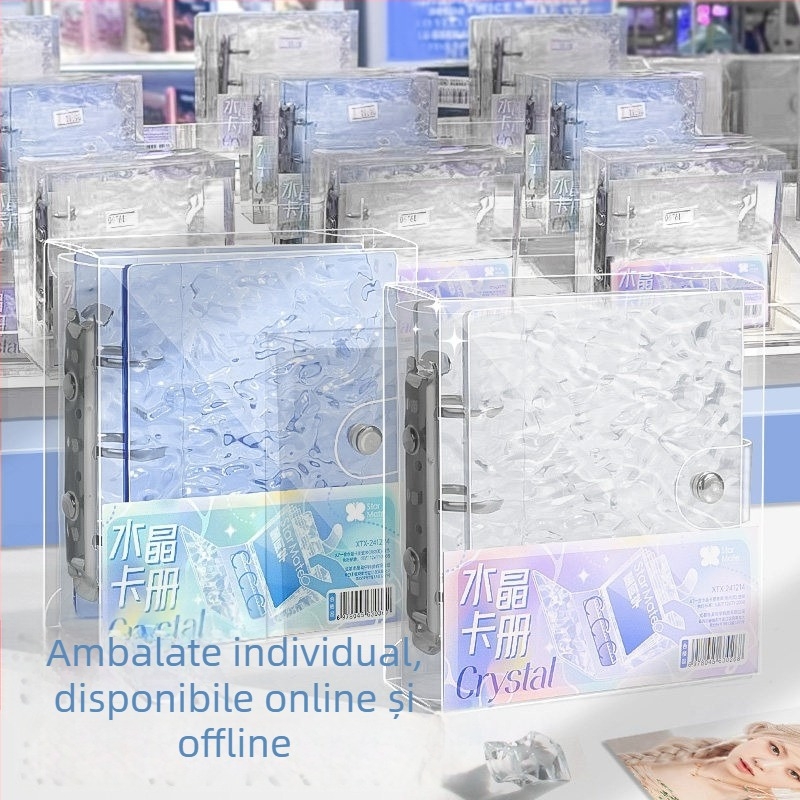 Album de carduri din cristal, cu capac din acrilic transparent și textură în valuri, binder cu foi detașabile și buzunar pentru o singură cartelă, 20 de pagini