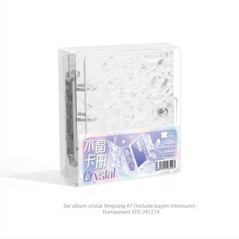Album de carduri din cristal, cu capac din acrilic transparent și textură în valuri, binder cu foi detașabile și buzunar pentru o singură cartelă, 20 de pagini