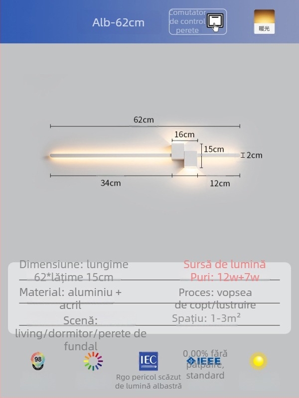 Lampa de perete minimalistă, linie dreaptă și lungă, potrivită pentru dormitor și sufragerie modernă