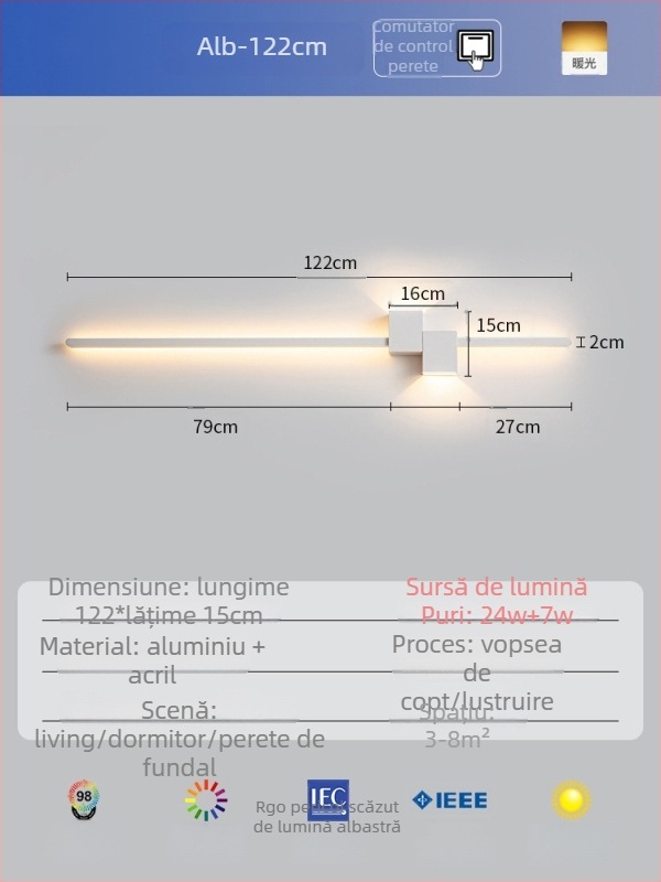 Lampa de perete minimalistă, linie dreaptă și lungă, potrivită pentru dormitor și sufragerie modernă