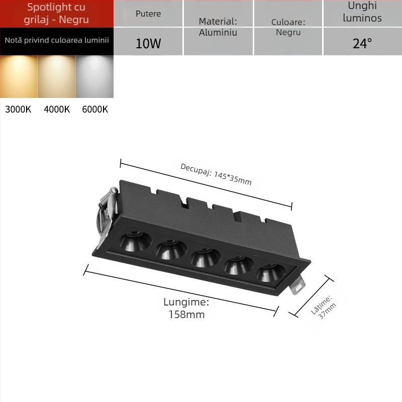 COB lampă liniară încorporată cu grilaj, pentru sufragerie și hol, lungă bandă LED, corp din aluminiu, CRI înalt