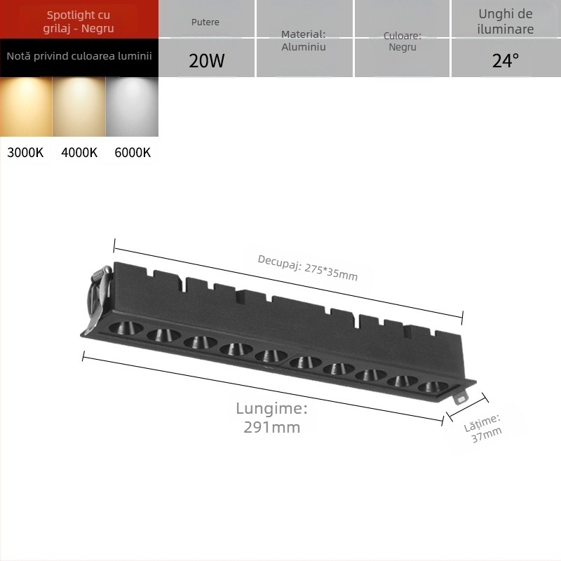COB lampă liniară încorporată cu grilaj, pentru sufragerie și hol, lungă bandă LED, corp din aluminiu, CRI înalt