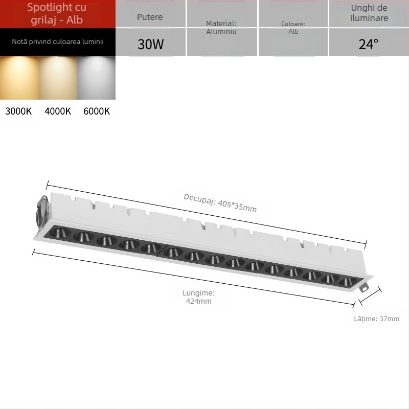 COB lampă liniară încorporată cu grilaj, pentru sufragerie și hol, lungă bandă LED, corp din aluminiu, CRI înalt