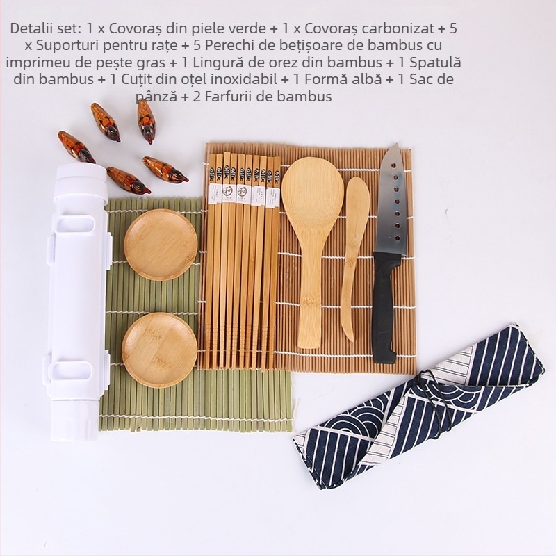 Set de unelte pentru sushi din bambus: lingură de orez, bețișoare pentru sushi și mat de sushi — set modular de veselă