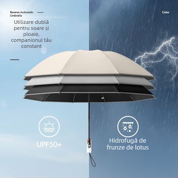 Umbrelă automată pliabilă pentru soare și ploaie, dimensiune mare, trei secțiuni, copertă din vinil negru, protecție UV UPF 50+, nervuri din aluminiu, tijă din oțel, mâner din plastic