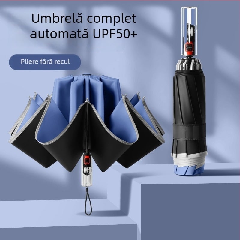 Umbrelă automată pliabilă pentru soare și ploaie, dimensiune mare, trei secțiuni, copertă din vinil negru, protecție UV UPF 50+, nervuri din aluminiu, tijă din oțel, mâner din plastic