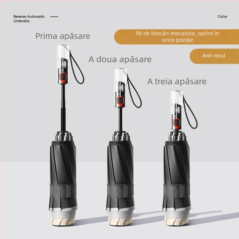 Umbrelă automată pliabilă pentru soare și ploaie, dimensiune mare, trei secțiuni, copertă din vinil negru, protecție UV UPF 50+, nervuri din aluminiu, tijă din oțel, mâner din plastic