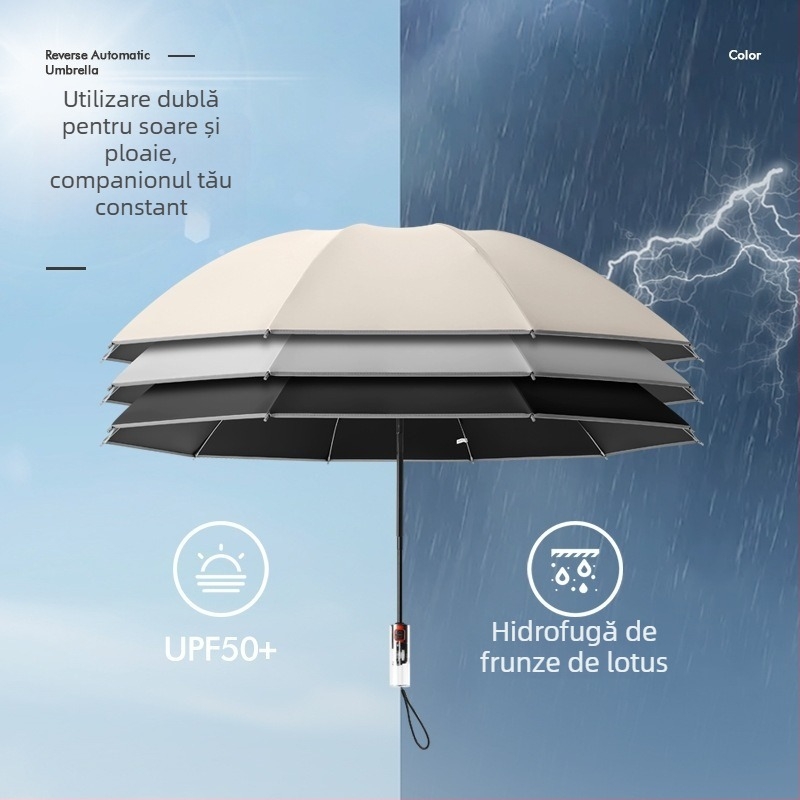 Umbrelă automată pliabilă pentru soare și ploaie, dimensiune mare, trei secțiuni, copertă din vinil negru, protecție UV UPF 50+, nervuri din aluminiu, tijă din oțel, mâner din plastic