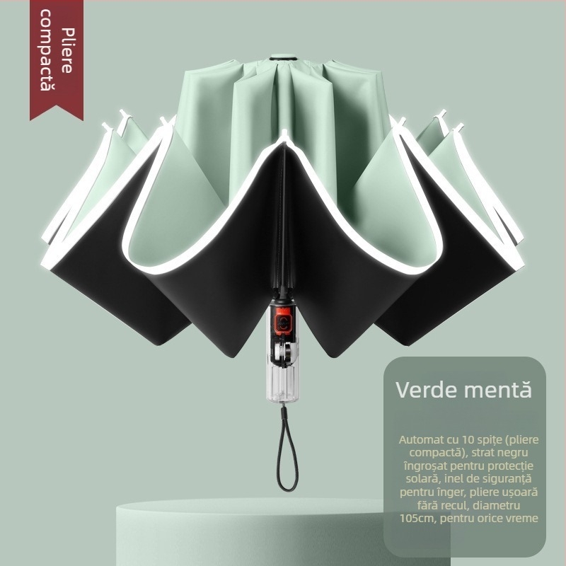 Umbrelă automată pliabilă pentru soare și ploaie, dimensiune mare, trei secțiuni, copertă din vinil negru, protecție UV UPF 50+, nervuri din aluminiu, tijă din oțel, mâner din plastic
