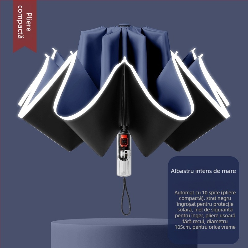 Umbrelă automată pliabilă pentru soare și ploaie, dimensiune mare, trei secțiuni, copertă din vinil negru, protecție UV UPF 50+, nervuri din aluminiu, tijă din oțel, mâner din plastic