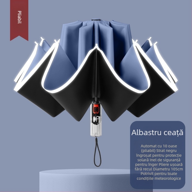 Umbrelă automată pliabilă pentru soare și ploaie, dimensiune mare, trei secțiuni, copertă din vinil negru, protecție UV UPF 50+, nervuri din aluminiu, tijă din oțel, mâner din plastic