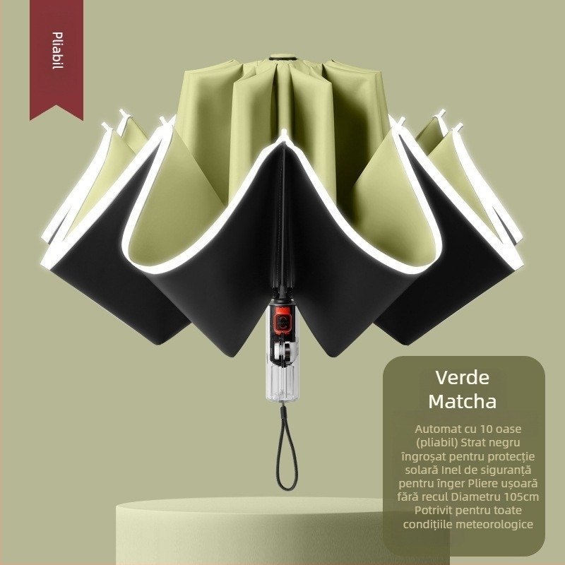 Umbrelă automată pliabilă pentru soare și ploaie, dimensiune mare, trei secțiuni, copertă din vinil negru, protecție UV UPF 50+, nervuri din aluminiu, tijă din oțel, mâner din plastic