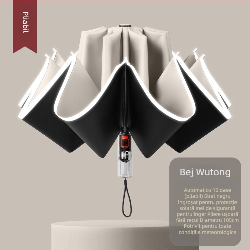 Umbrelă automată pliabilă pentru soare și ploaie, dimensiune mare, trei secțiuni, copertă din vinil negru, protecție UV UPF 50+, nervuri din aluminiu, tijă din oțel, mâner din plastic
