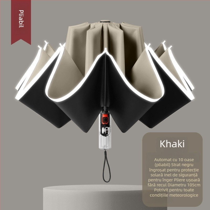 Umbrelă automată pliabilă pentru soare și ploaie, dimensiune mare, trei secțiuni, copertă din vinil negru, protecție UV UPF 50+, nervuri din aluminiu, tijă din oțel, mâner din plastic