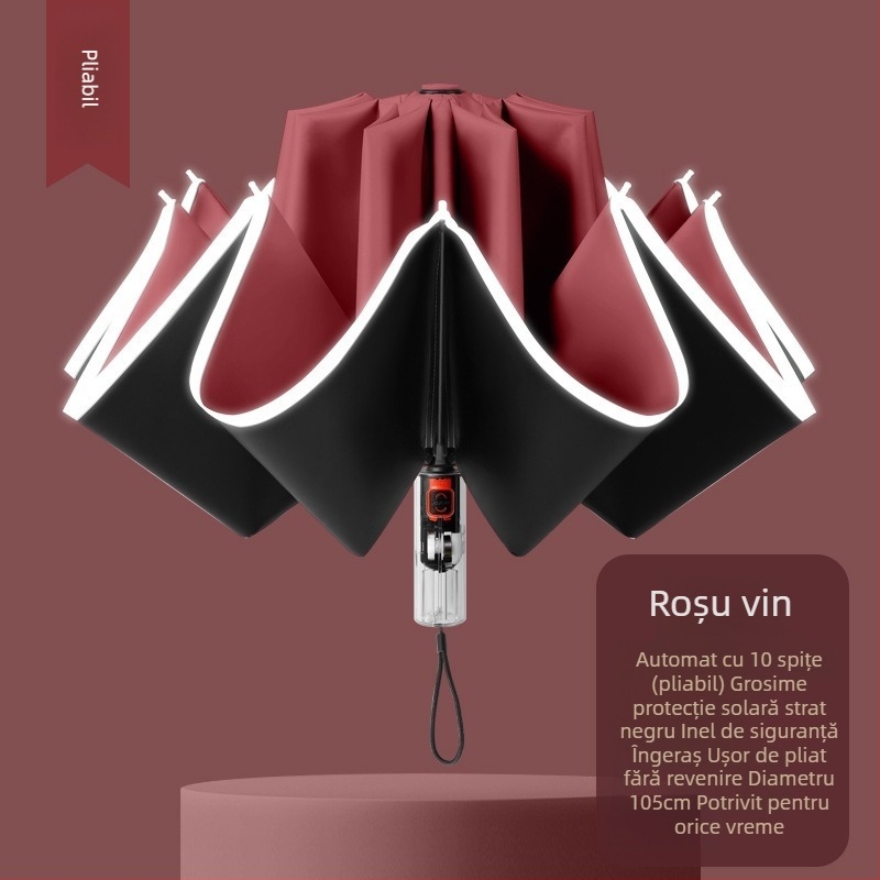 Umbrelă automată pliabilă pentru soare și ploaie, dimensiune mare, trei secțiuni, copertă din vinil negru, protecție UV UPF 50+, nervuri din aluminiu, tijă din oțel, mâner din plastic