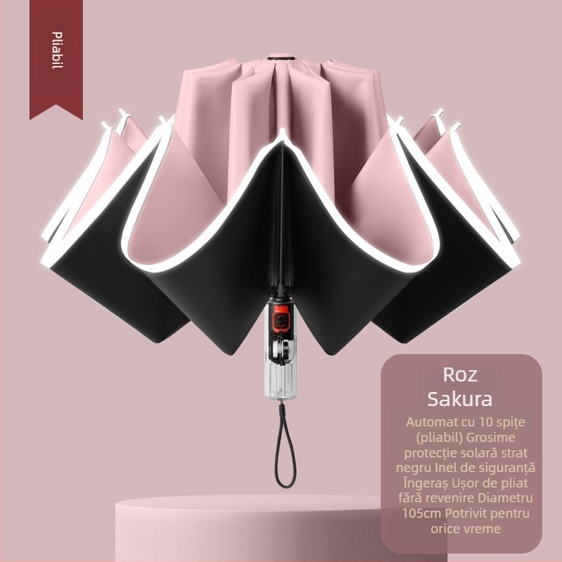 Umbrelă automată pliabilă pentru soare și ploaie, dimensiune mare, trei secțiuni, copertă din vinil negru, protecție UV UPF 50+, nervuri din aluminiu, tijă din oțel, mâner din plastic