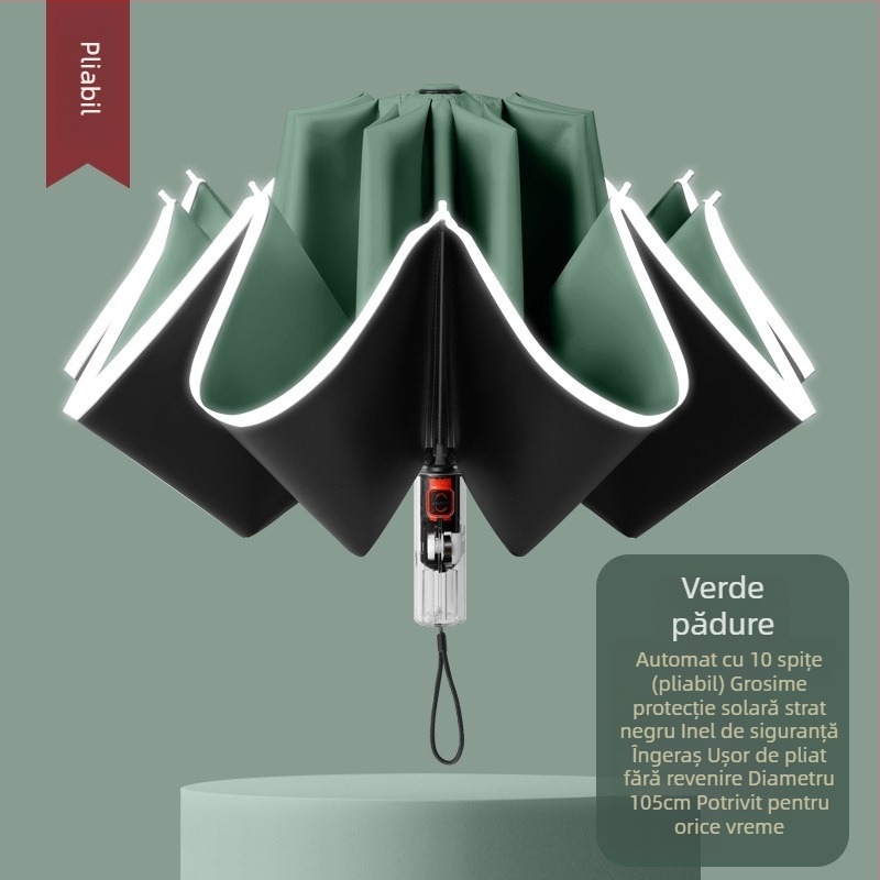 Umbrelă automată pliabilă pentru soare și ploaie, dimensiune mare, trei secțiuni, copertă din vinil negru, protecție UV UPF 50+, nervuri din aluminiu, tijă din oțel, mâner din plastic