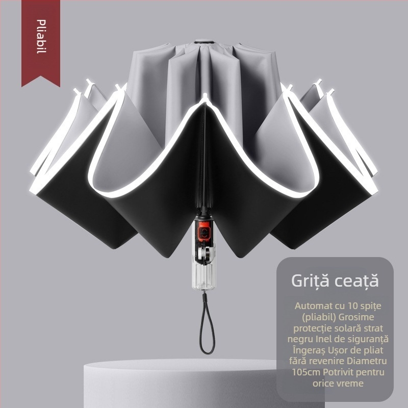 Umbrelă automată pliabilă pentru soare și ploaie, dimensiune mare, trei secțiuni, copertă din vinil negru, protecție UV UPF 50+, nervuri din aluminiu, tijă din oțel, mâner din plastic