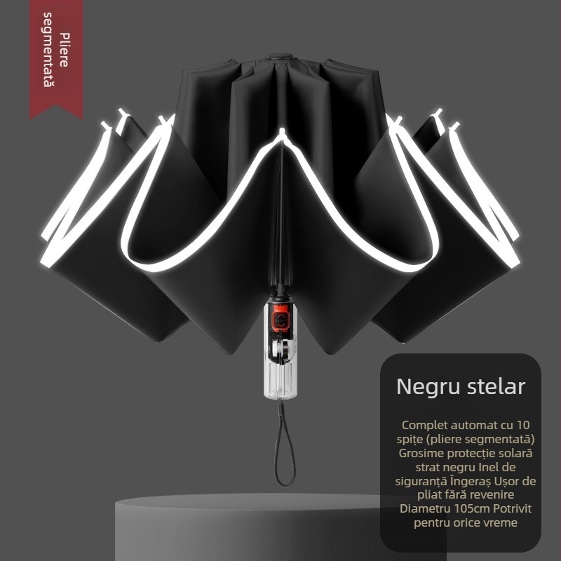 Umbrelă automată pliabilă pentru soare și ploaie, dimensiune mare, trei secțiuni, copertă din vinil negru, protecție UV UPF 50+, nervuri din aluminiu, tijă din oțel, mâner din plastic
