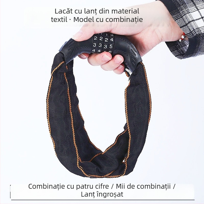 Lanț textil cu parolă pentru bicicletă, vehicul electric și motocicletă, cu blocare pentru cască