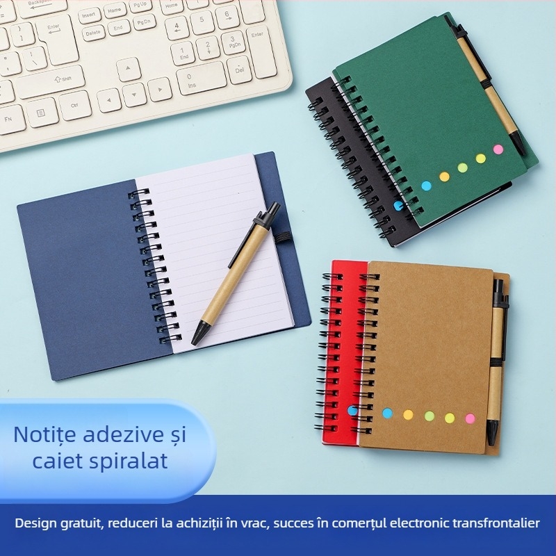 Caiet spiral din Kraft cu note autoadezive, notițe despărțibile, personalizabil