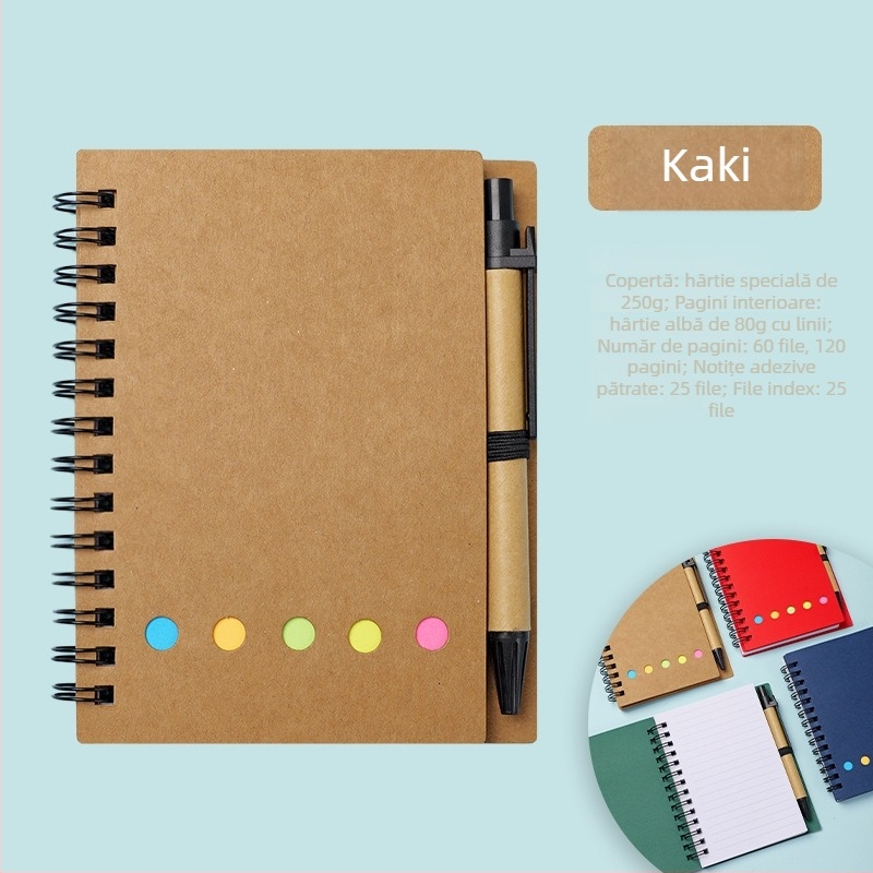 Caiet spiral din Kraft cu note autoadezive, notițe despărțibile, personalizabil