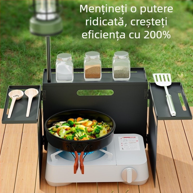 Protecție de vânt pliabilă pentru exterior cu plăcuță de depozitare multifuncțională pentru aragaz de camping