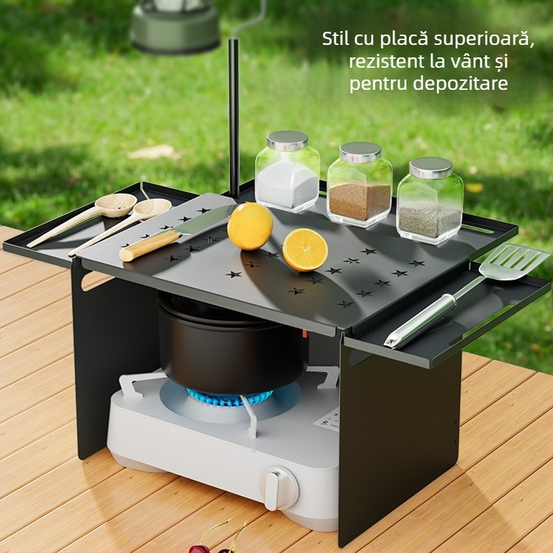 Protecție de vânt pliabilă pentru exterior cu plăcuță de depozitare multifuncțională pentru aragaz de camping