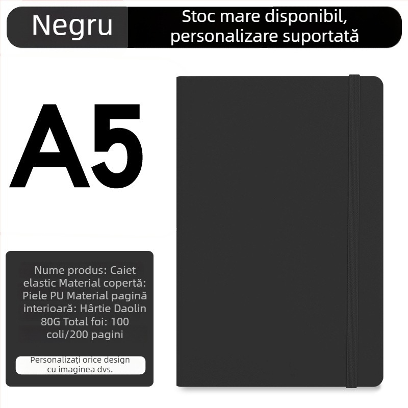 Caiet A5 personalizat cu bandă elastică, copertă PU, planner de birou pentru afaceri, imprimare logo disponibilă
